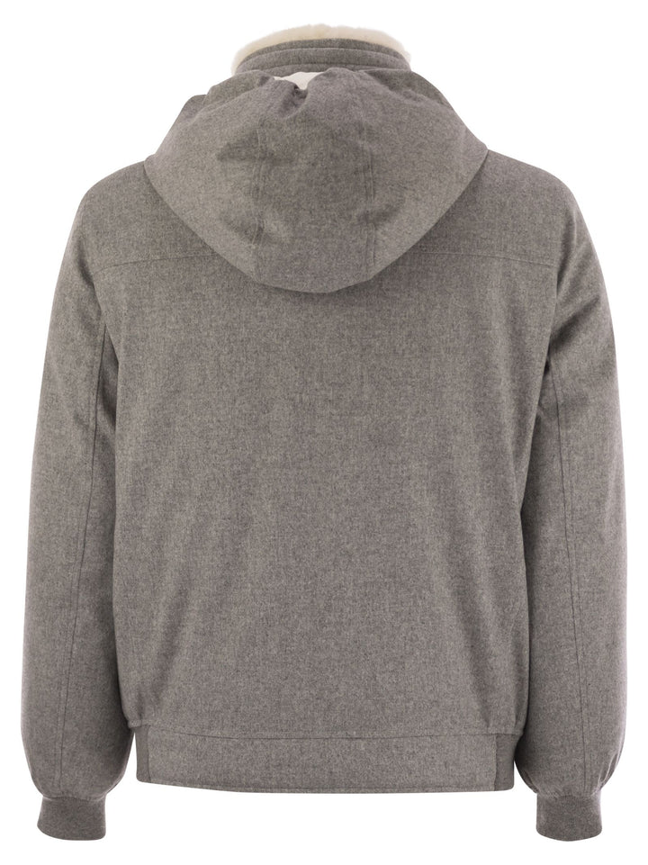 Brunello Cucinelli Men Membranated Wool Flannel Down Jacket With Shearling-Lined Collar