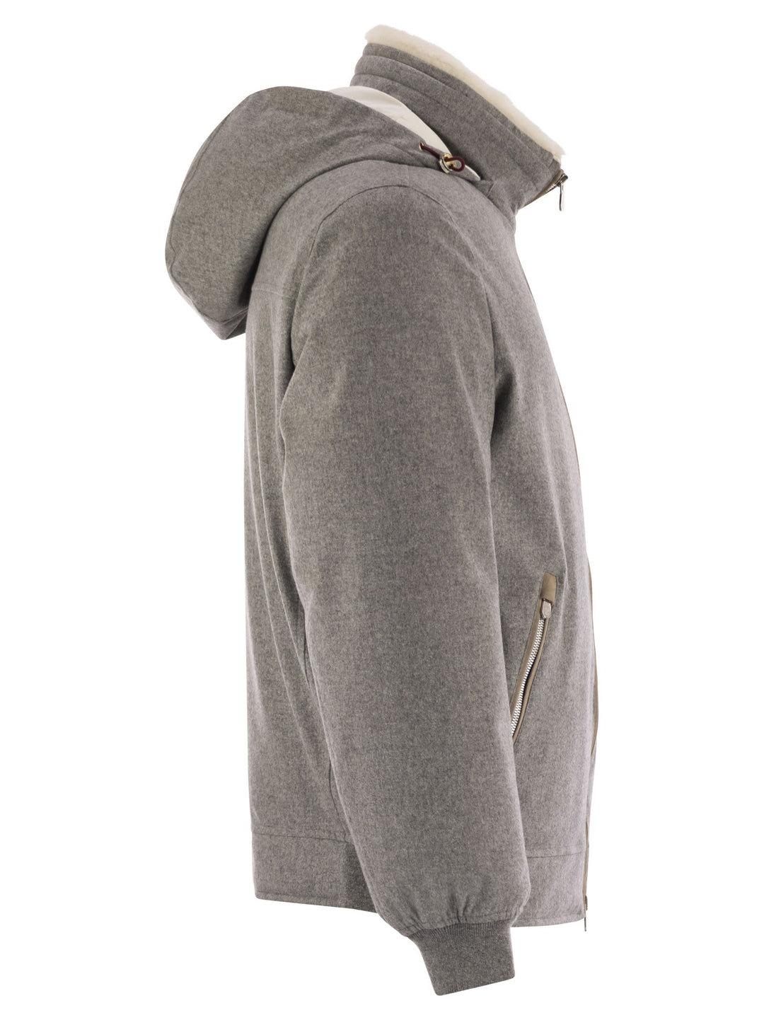 Brunello Cucinelli Men Membranated Wool Flannel Down Jacket With Shearling-Lined Collar