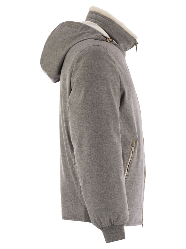 Brunello Cucinelli Men Membranated Wool Flannel Down Jacket With Shearling-Lined Collar