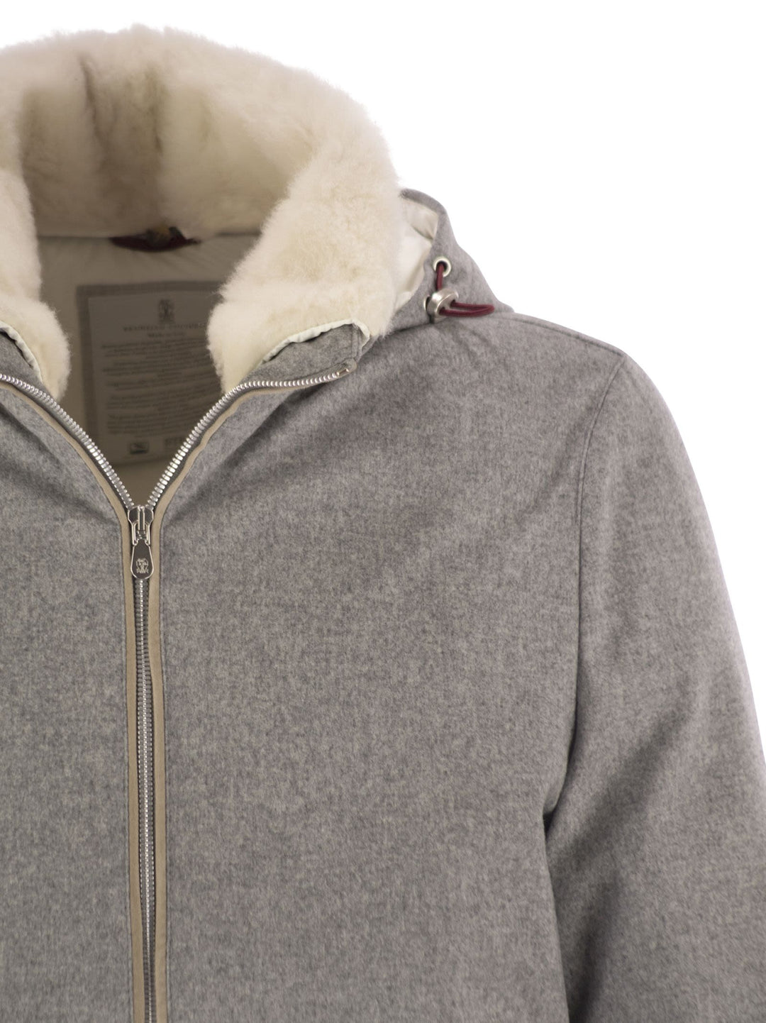 Brunello Cucinelli Men Membranated Wool Flannel Down Jacket With Shearling-Lined Collar