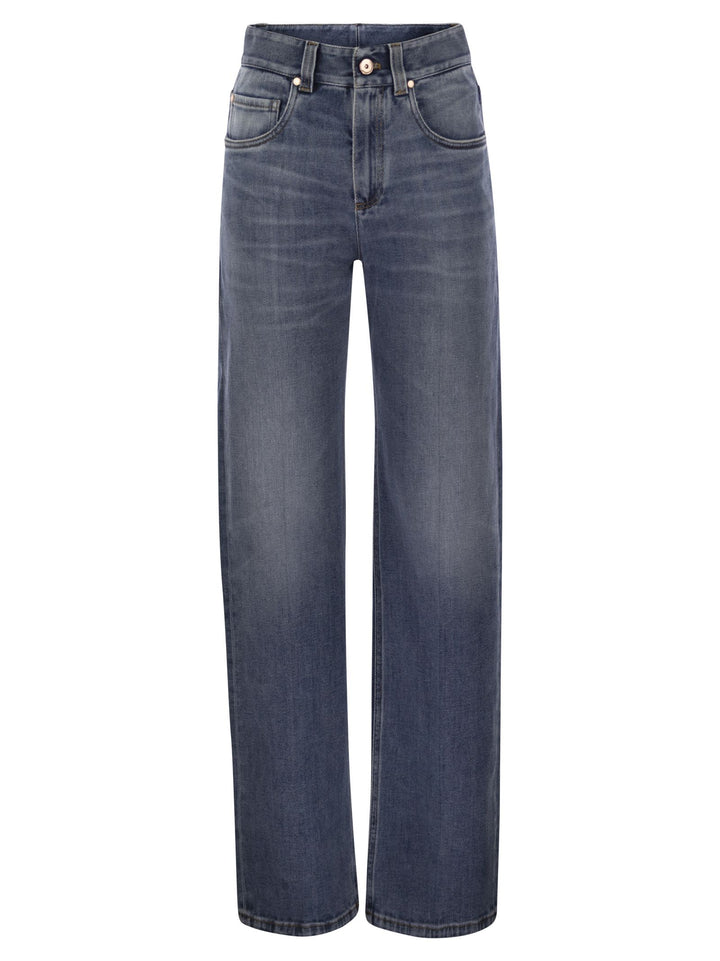 Brunello Cucinelli Women Contemporary Loose Trousers In Comfort Cotton Denim With Jewellery