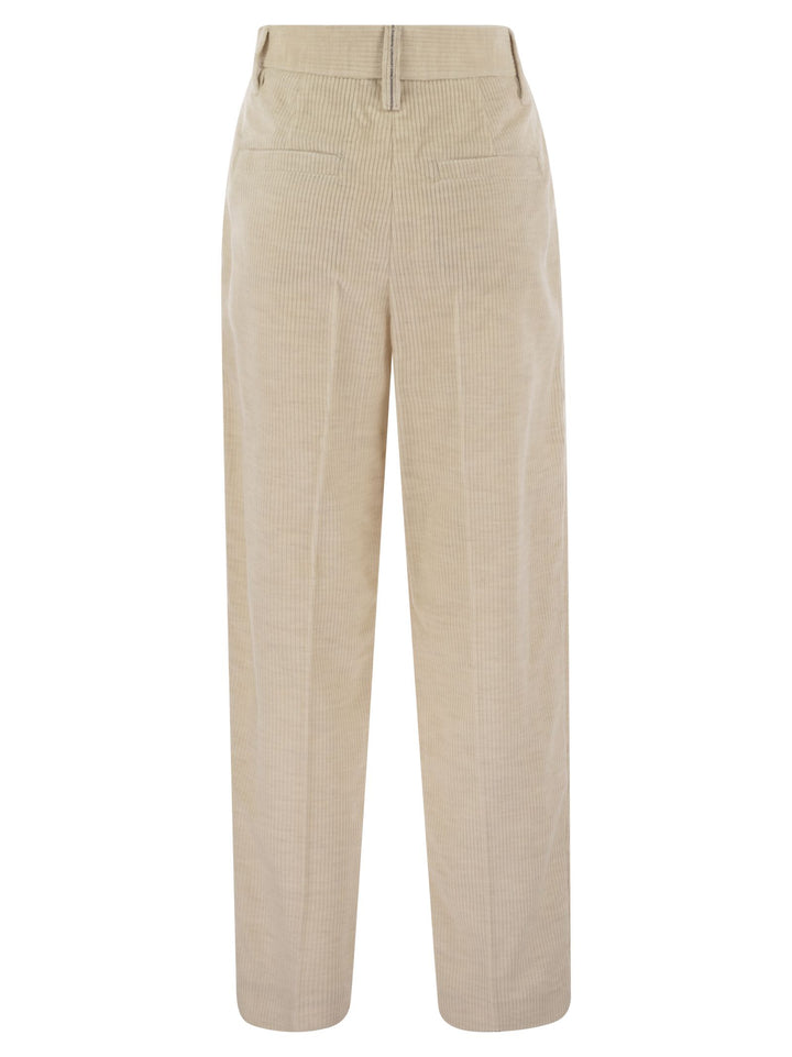 Brunello Cucinelli Women Striped Canvas Trousers In Viscose And Comfort Cotton With Necklace