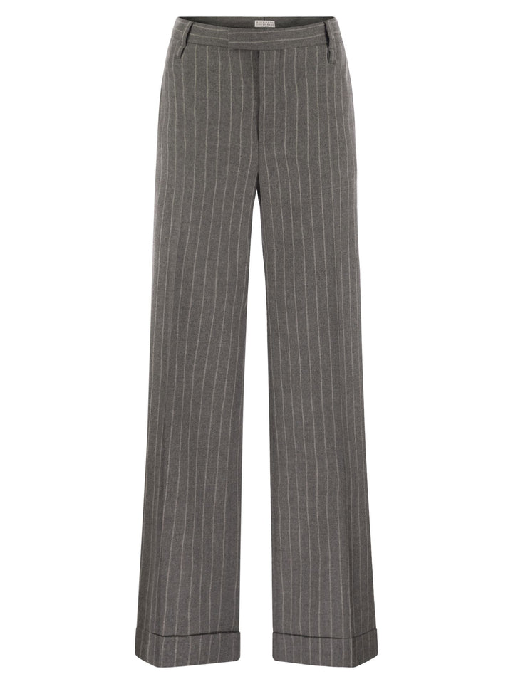 Brunello Cucinelli Women Loose Flared Trousers In Virgin Wool Mouliné Pinstripe With Beadwork