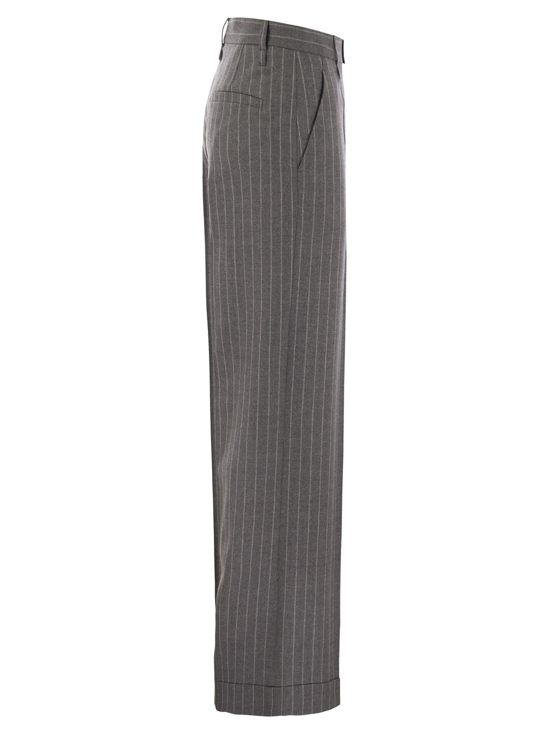 Brunello Cucinelli Women Loose Flared Trousers In Virgin Wool Mouliné Pinstripe With Beadwork