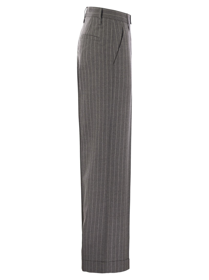 Brunello Cucinelli Women Loose Flared Trousers In Virgin Wool Mouliné Pinstripe With Beadwork