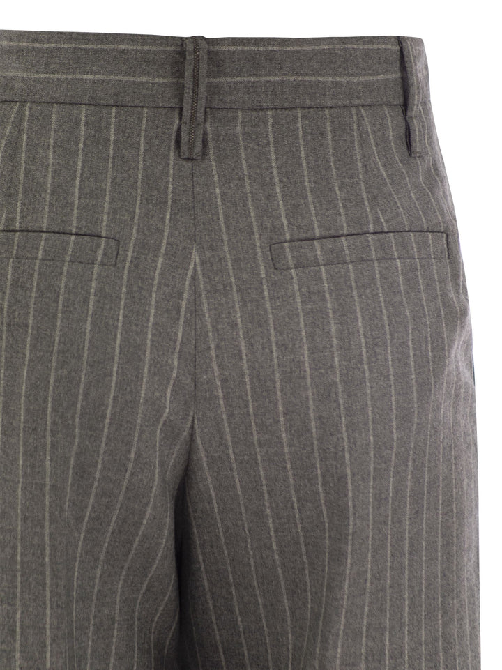 Brunello Cucinelli Women Loose Flared Trousers In Virgin Wool Mouliné Pinstripe With Beadwork