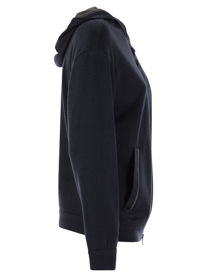 Brunello Cucinelli Women Cotton And Silk Interlock Hooded Topwear With Precious Stripe