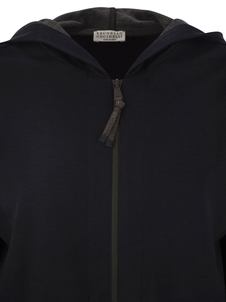 Brunello Cucinelli Women Cotton And Silk Interlock Hooded Topwear With Precious Stripe