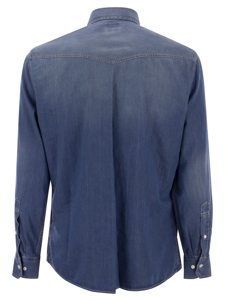 Brunello Cucinelli Men Easy Fit Shirt In Light Denim With Press Studs