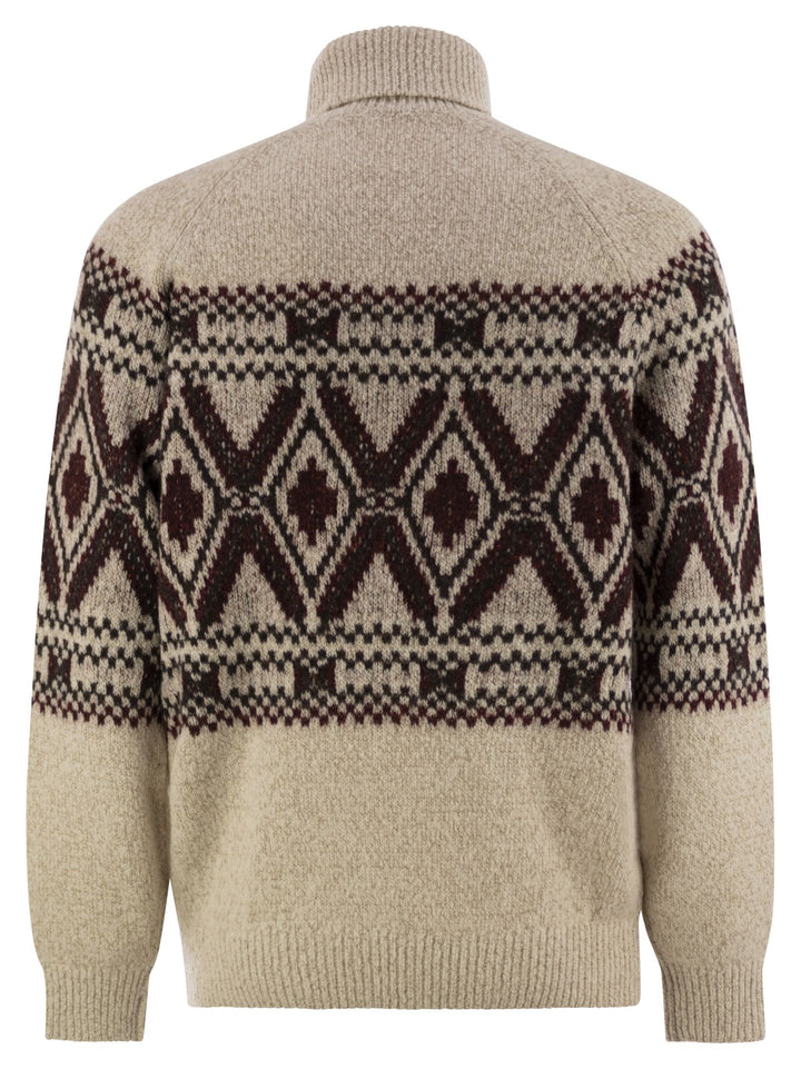Brunello Cucinelli Men Geometric Jacquard Turtleneck Sweater In Wool, Silk And Cashmere