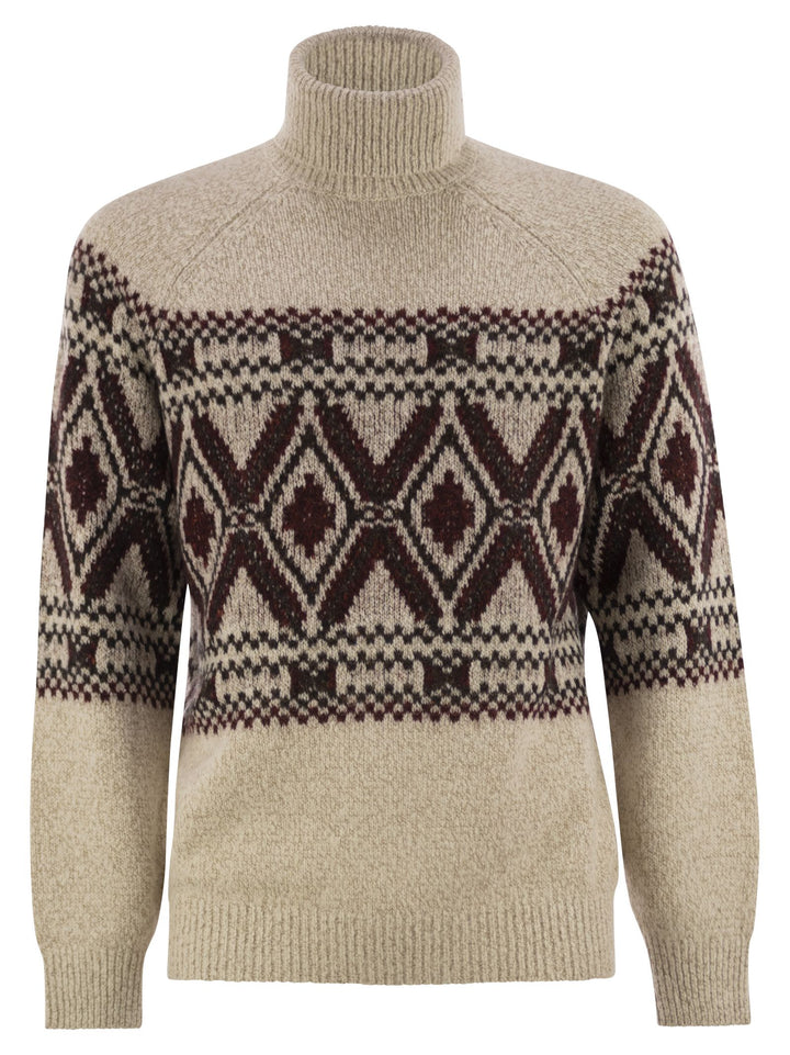 Brunello Cucinelli Men Geometric Jacquard Turtleneck Sweater In Wool, Silk And Cashmere