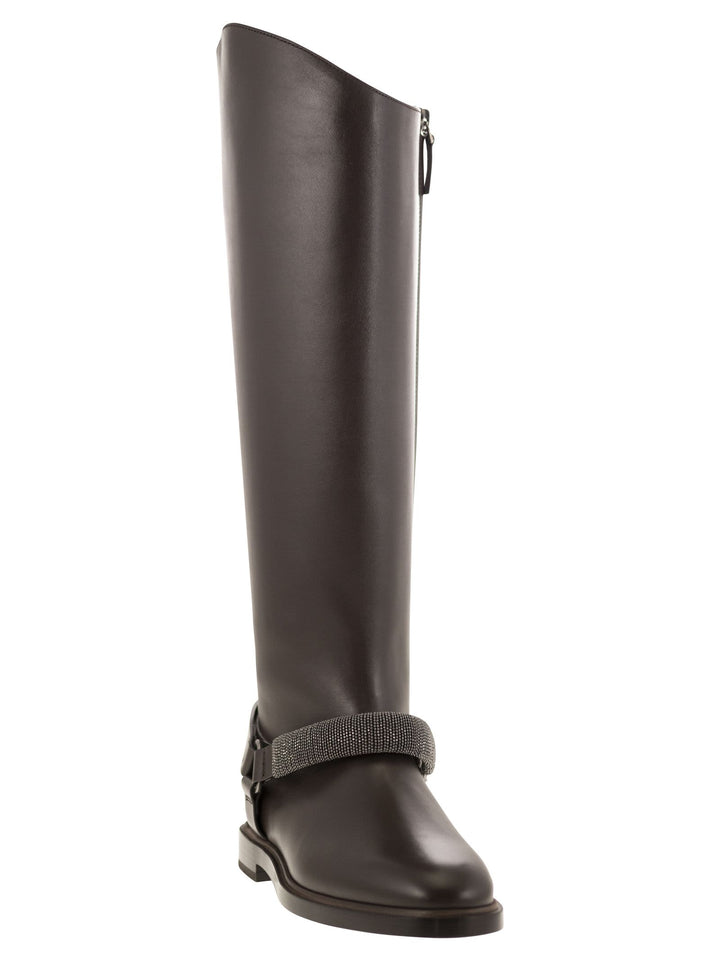 Brunello Cucinelli Women Mat Calf Boots With Precious Ribbed Strap