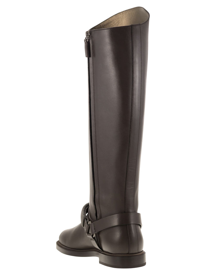 Brunello Cucinelli Women Mat Calf Boots With Precious Ribbed Strap