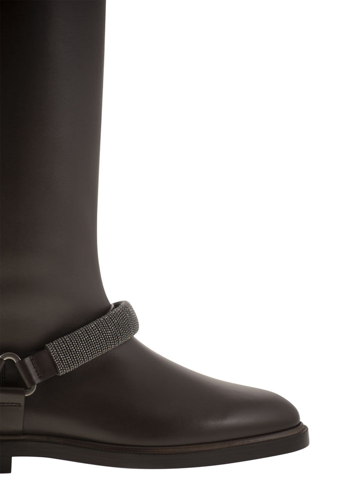 Brunello Cucinelli Women Mat Calf Boots With Precious Ribbed Strap