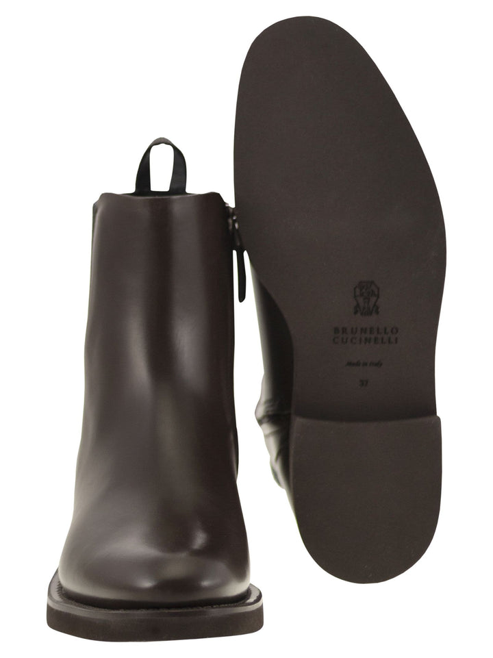 Brunello Cucinelli Women Chelsea Boot In Matt Calfskin With Shiny Detail