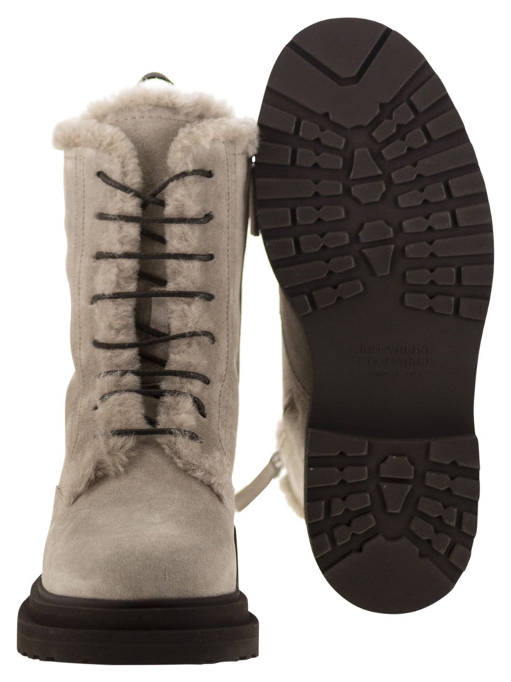 Brunello Cucinelli Women Suede Boot With Shearling Lining And Shiny Loop Detail