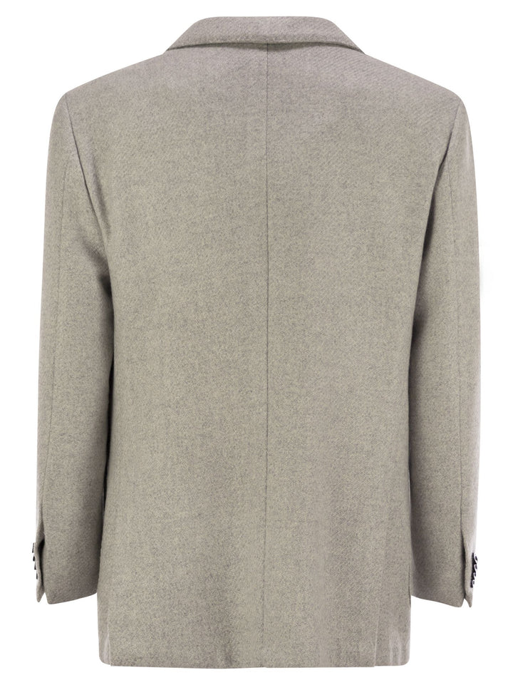 Back view of a gray textured blazer on a white background