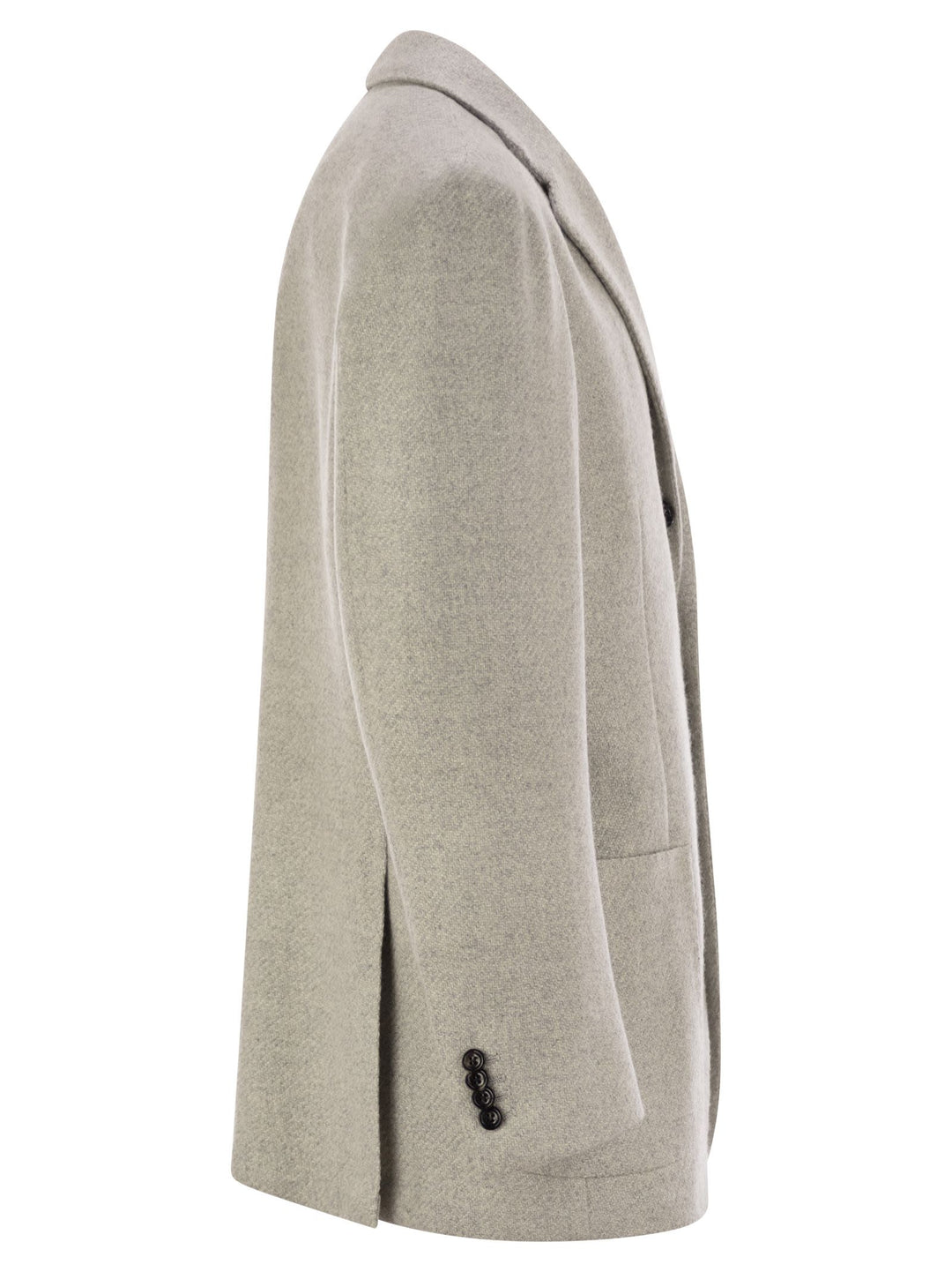 Light gray blazer with a single button on a white background