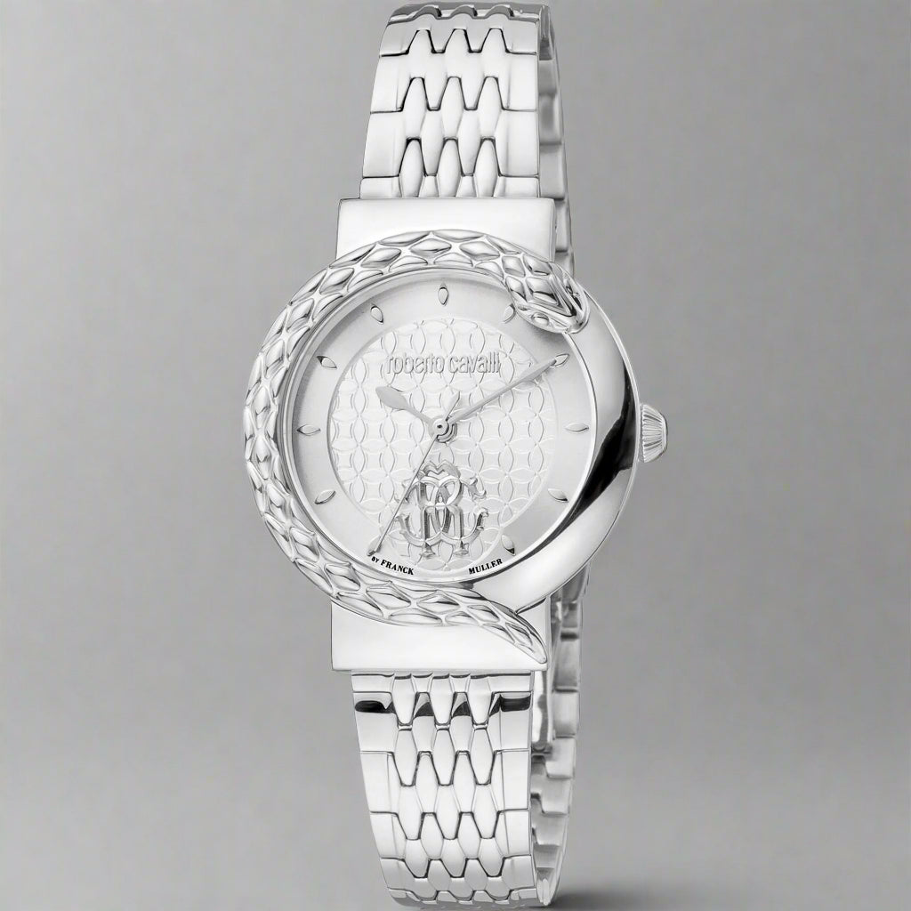 Roberto Cavalli silver tone serpent bezel watch