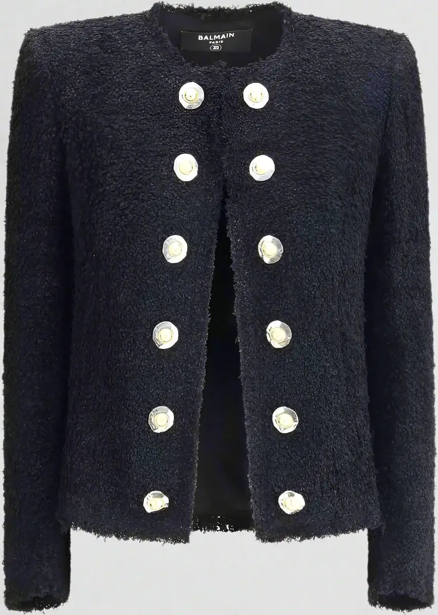 BALMAIN women's black Tweed Spencer button up Jacket