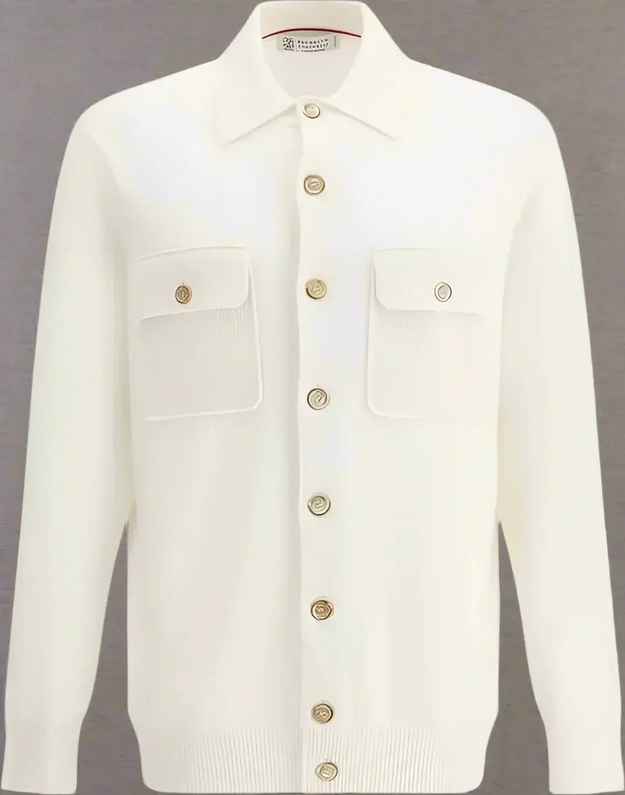 White denim jacket with button details on a white background