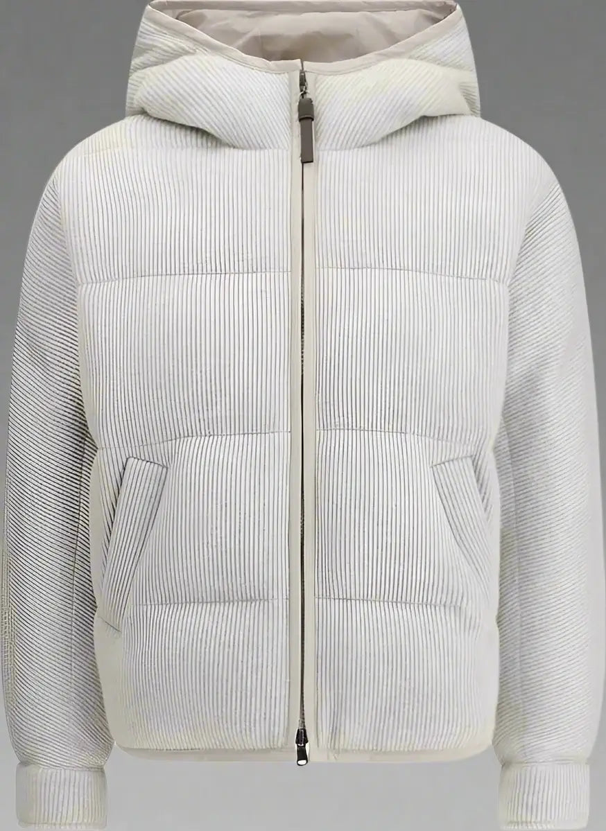 Light gray puffer jacket with a hood on a white background