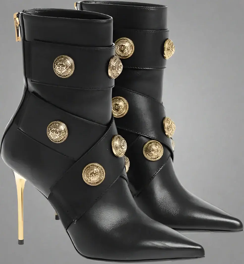 BALMAIN women's black Leather ALMA Ankle Boots with Jewel Buttons