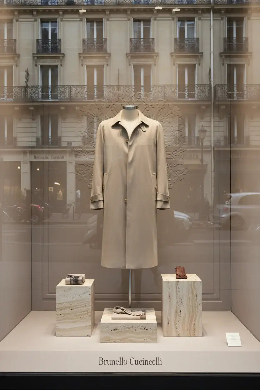 Beige overcoat with a visible brand label on a white background