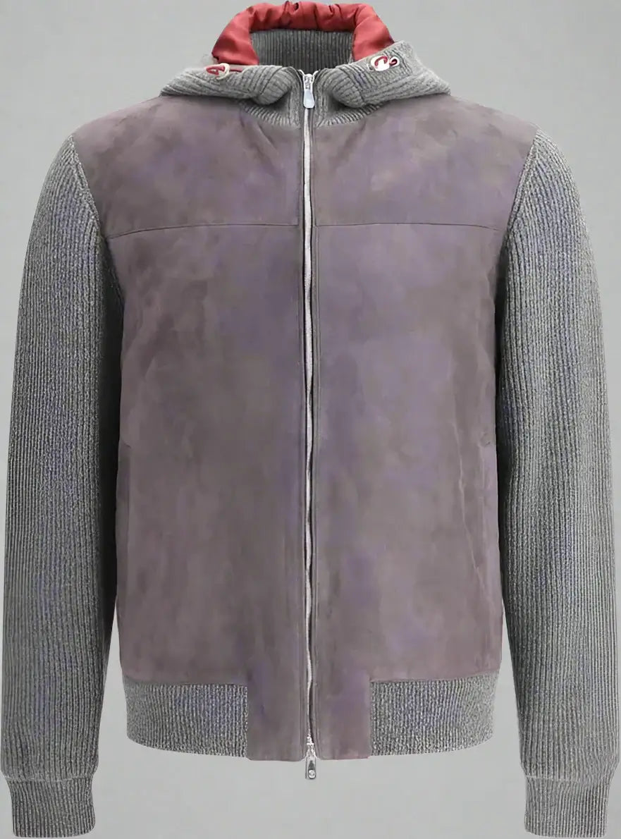 Gray and purple jacket with a red hood on a white background