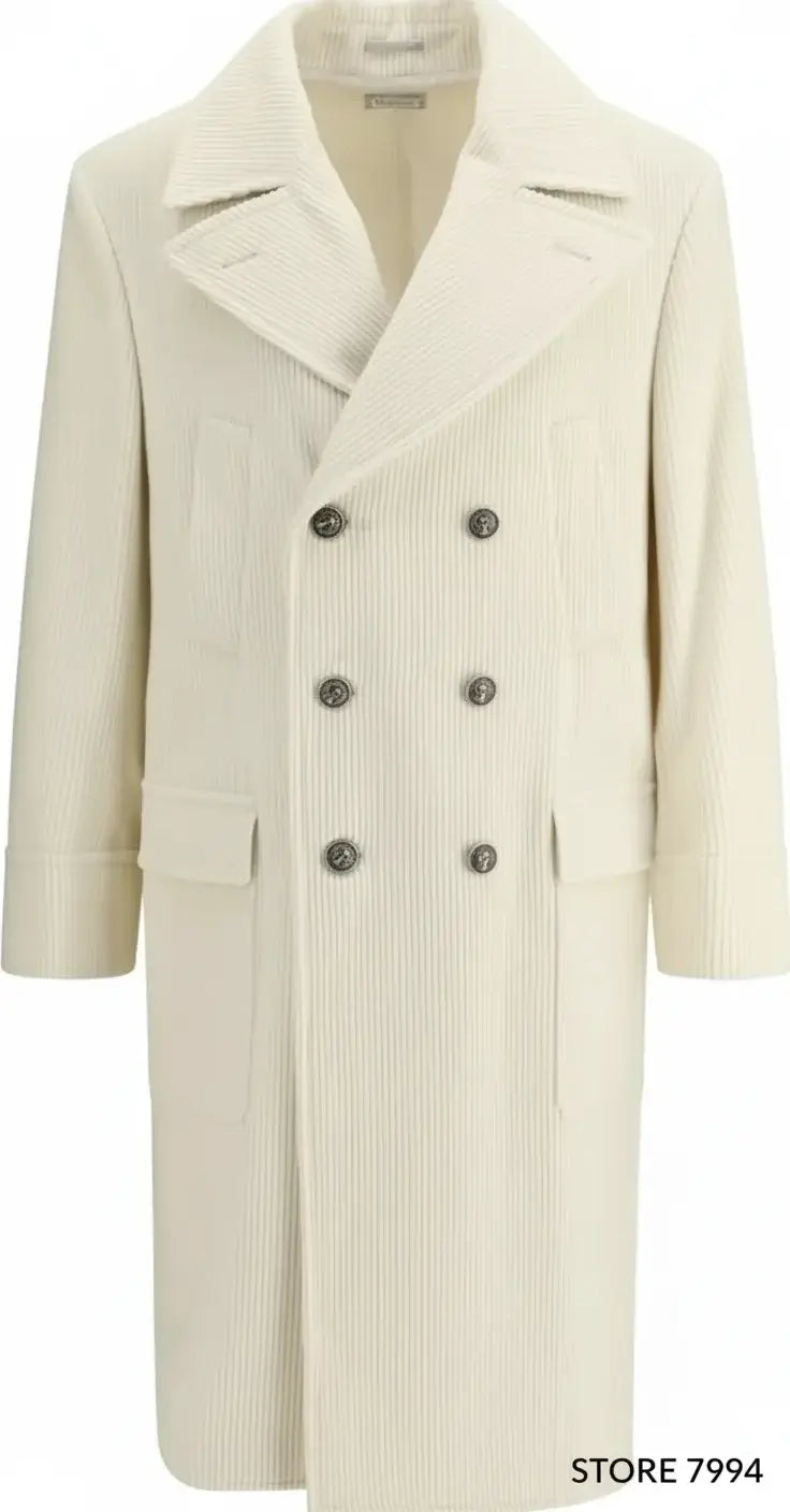 Beige overcoat with button details on a white background