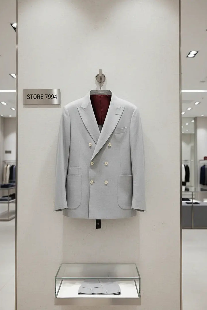 Gray double-breasted blazer with white buttons on a white background