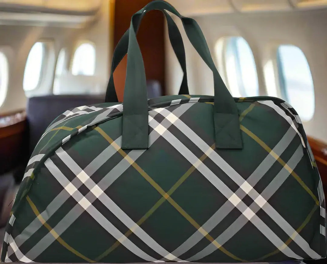 Green plaid duffle bag