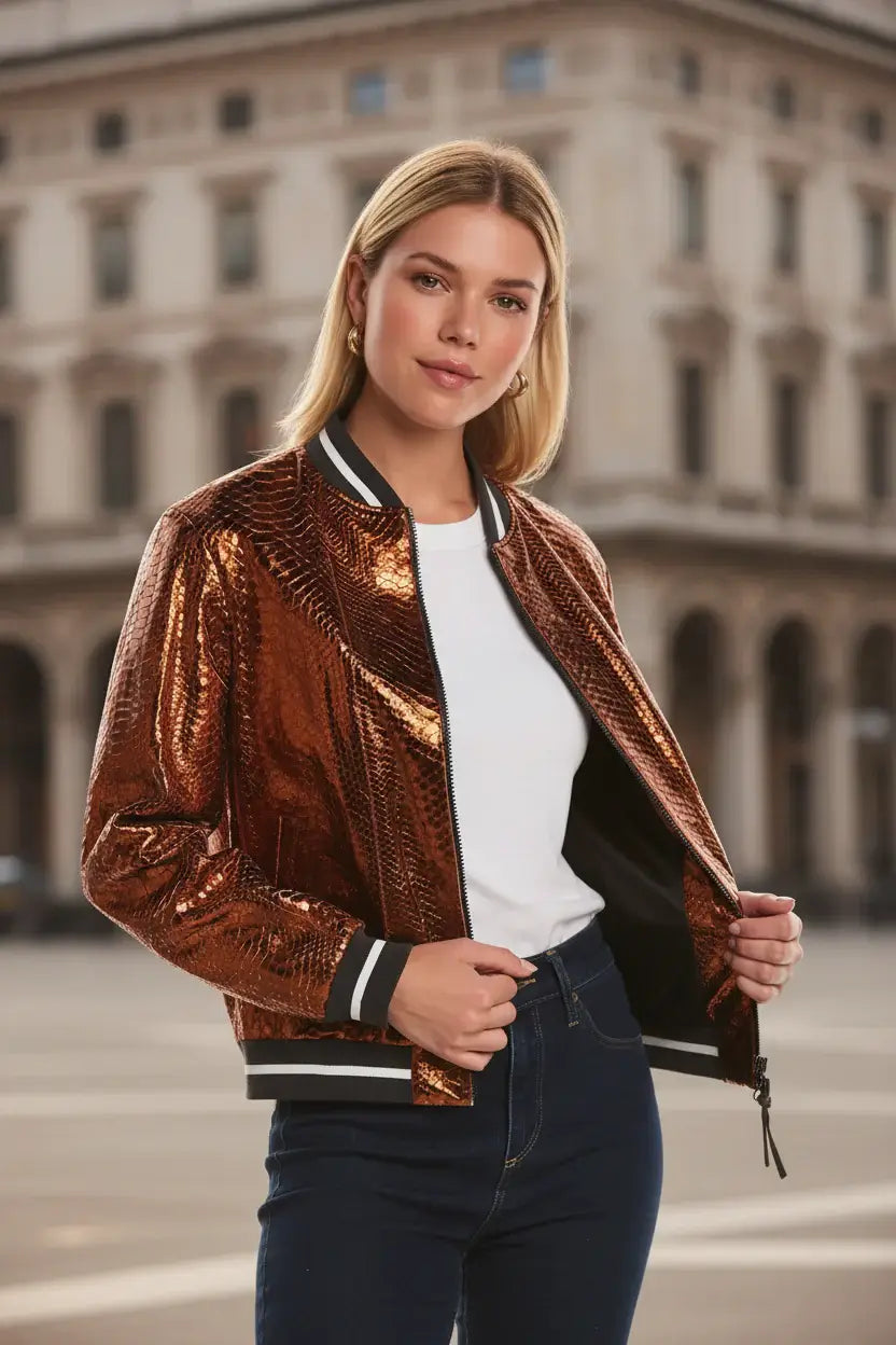 Person wearing a copper sequin jacket with a white shirt and dark pants on a white background