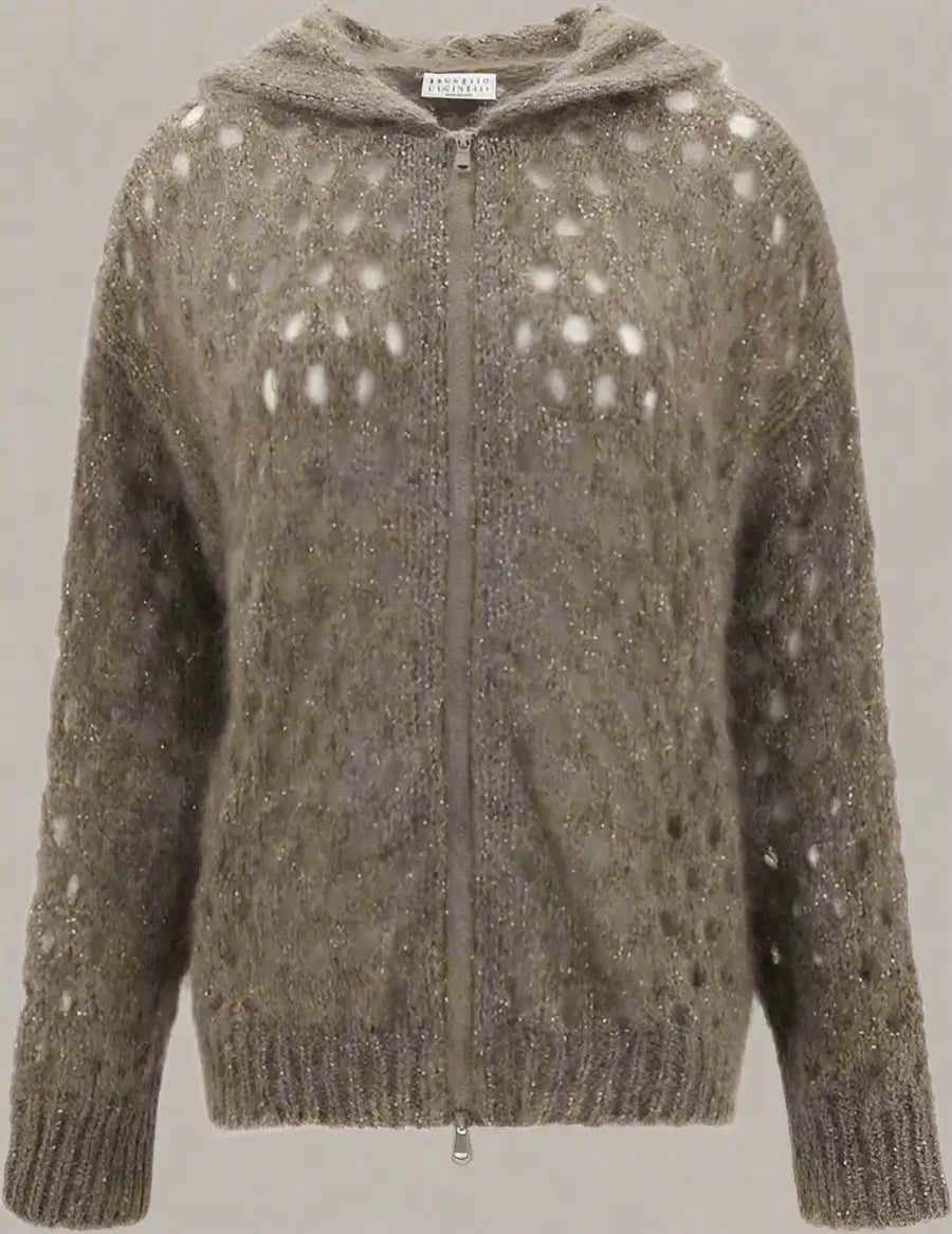 Brown knitted hoodie with a subtle pattern on a white background