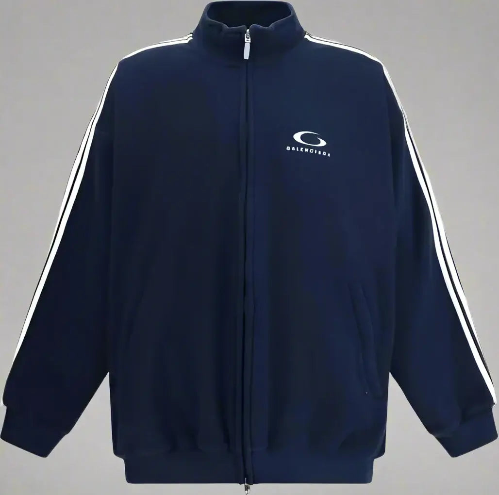 Navy tracksuit jacket with white stripes on sleeves and logo on chest against a white background
