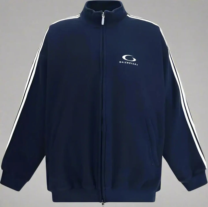 Navy tracksuit jacket with white stripes on sleeves and logo on chest against a white background