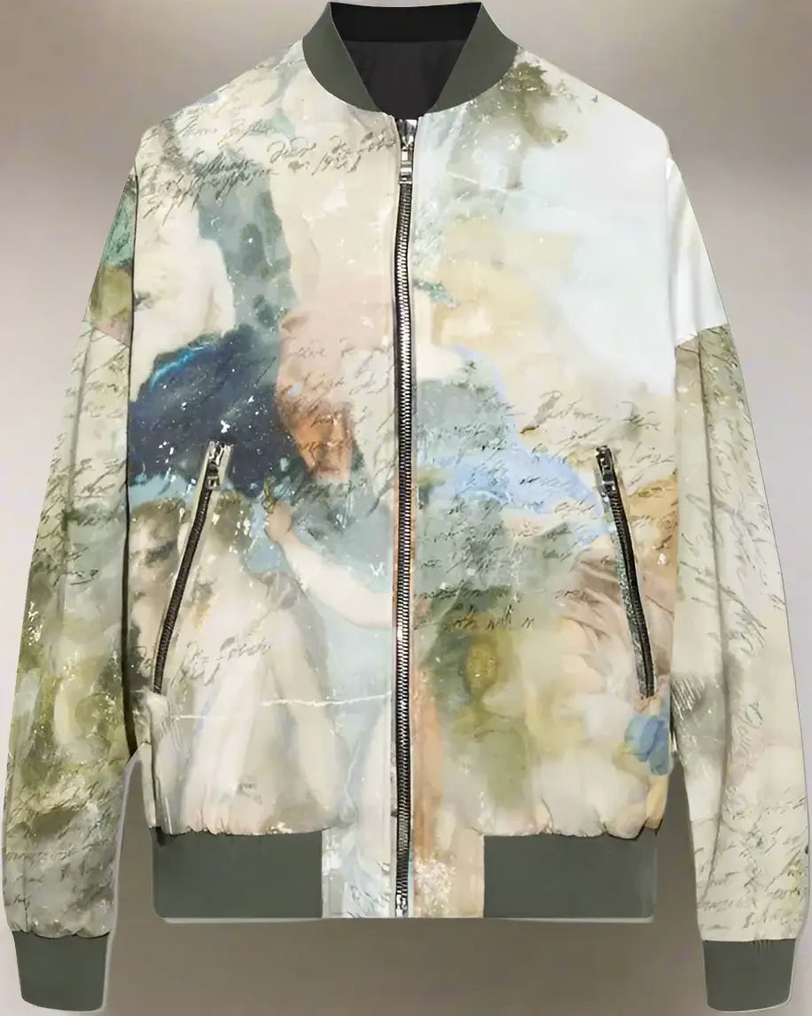 Bomber jacket with artistic design on a white background