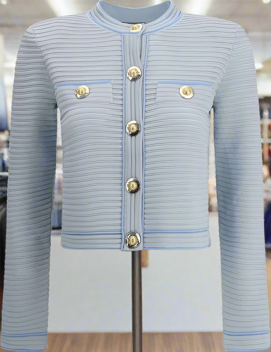Light blue ribbed cardigan with gold buttons on a white background