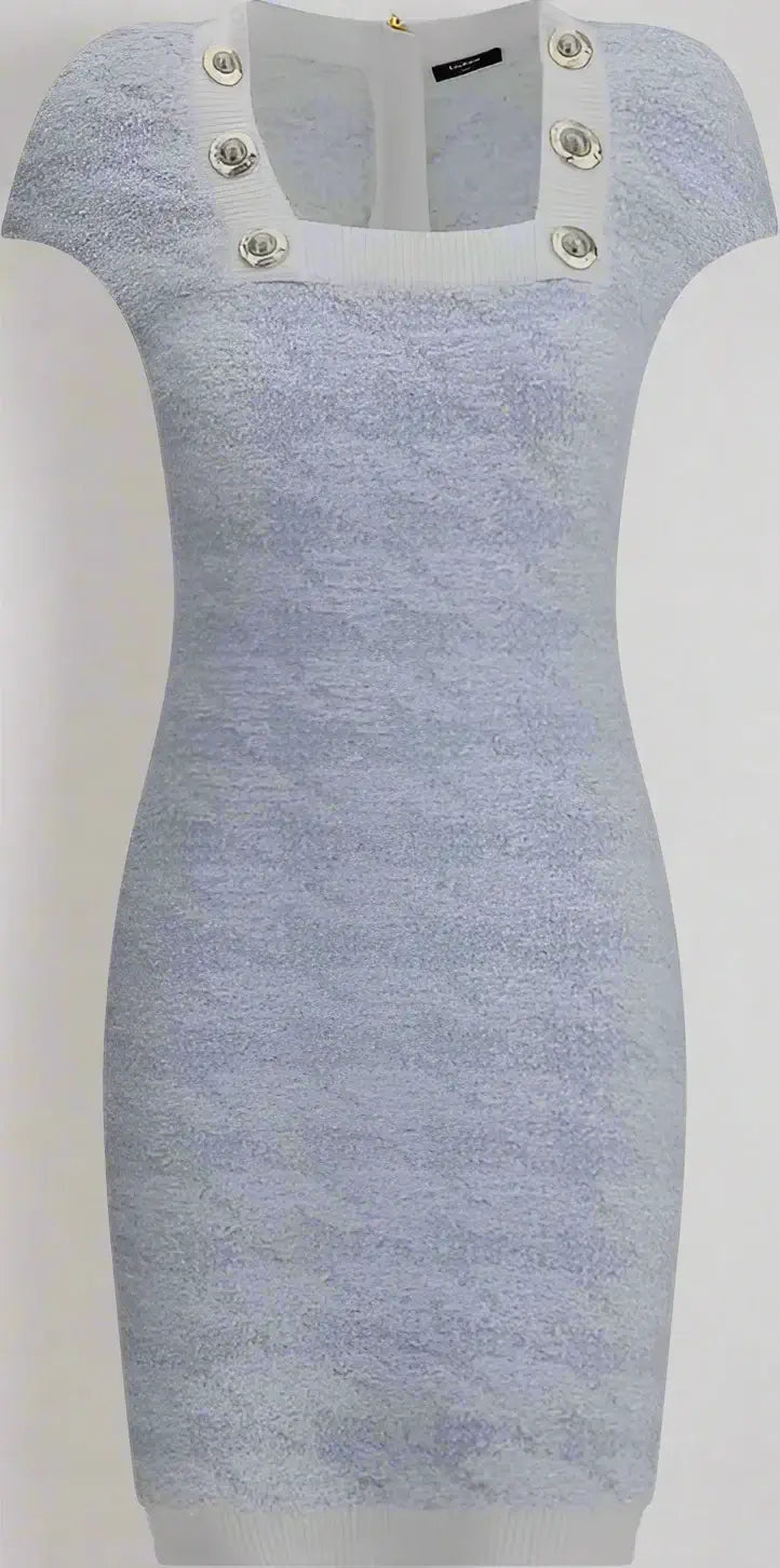 BALMAIN Stretch midi light blue & white Dress