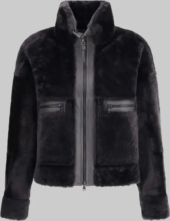 Black shearling jacket with zippers on a white background