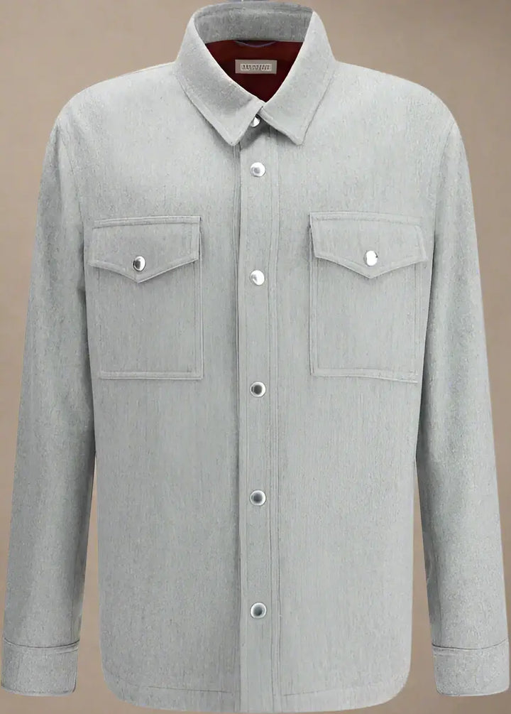 Gray flannel shirt with two front pockets on a white background
