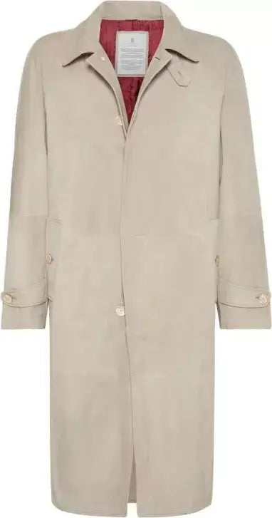Beige overcoat with a visible brand label on a white background
