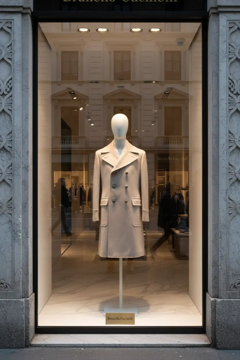 Beige overcoat with double-breasted design on a white background