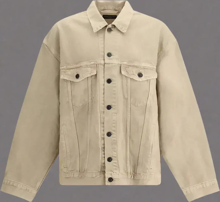 Beige denim jacket with black buttons on a white background