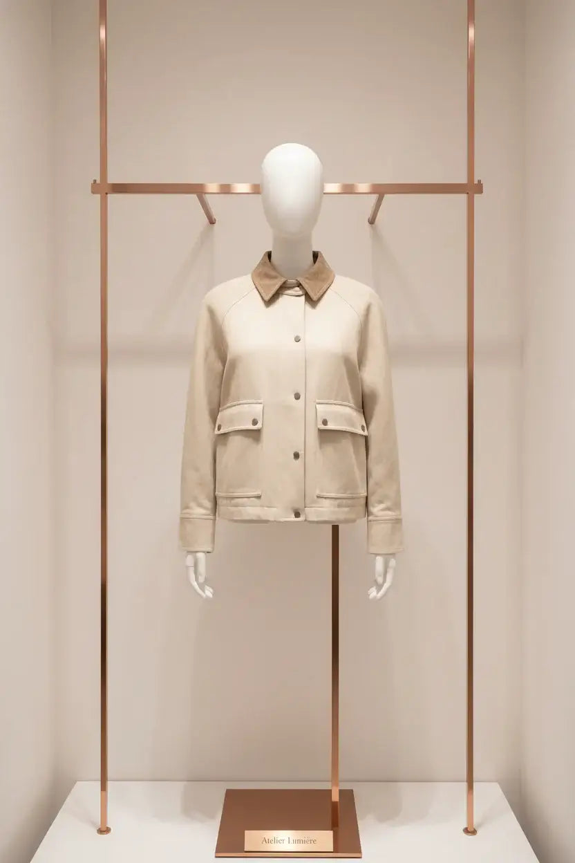 Brunello Cucinelli women's Beige Cotton Coat displayed in a chic setting, showcasing luxury fashion and sophisticated design.