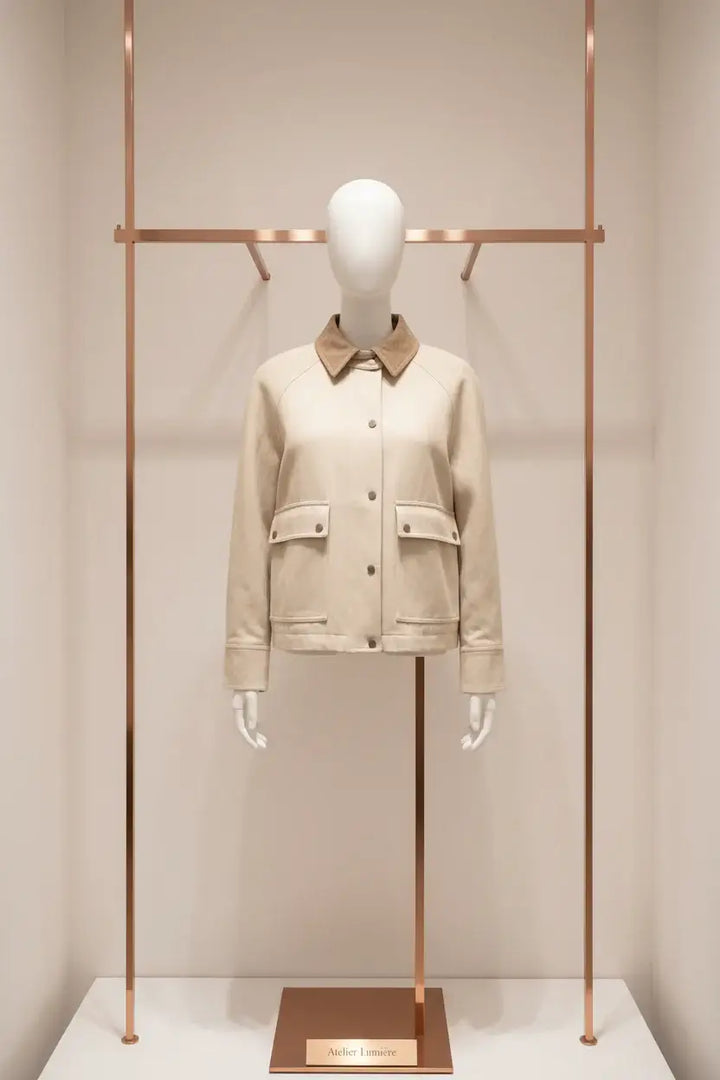 Brunello Cucinelli women's Beige Cotton Coat displayed in a chic setting, showcasing luxury fashion and sophisticated design.