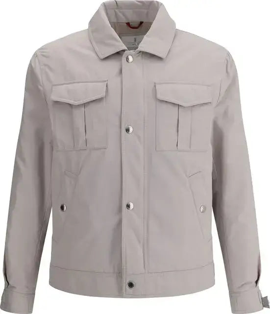 Gray jacket with button details on a white background