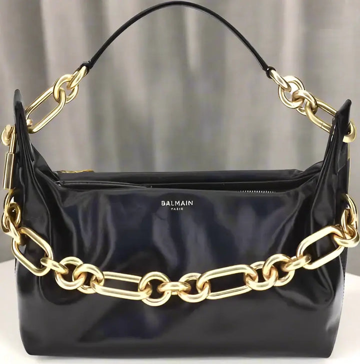 BALMAIN women's black leather gold tone chained Sync Shoulder Bag