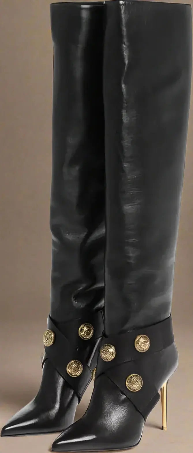 BALMAIN black Leather ALMA Boots with Jewel Buttons