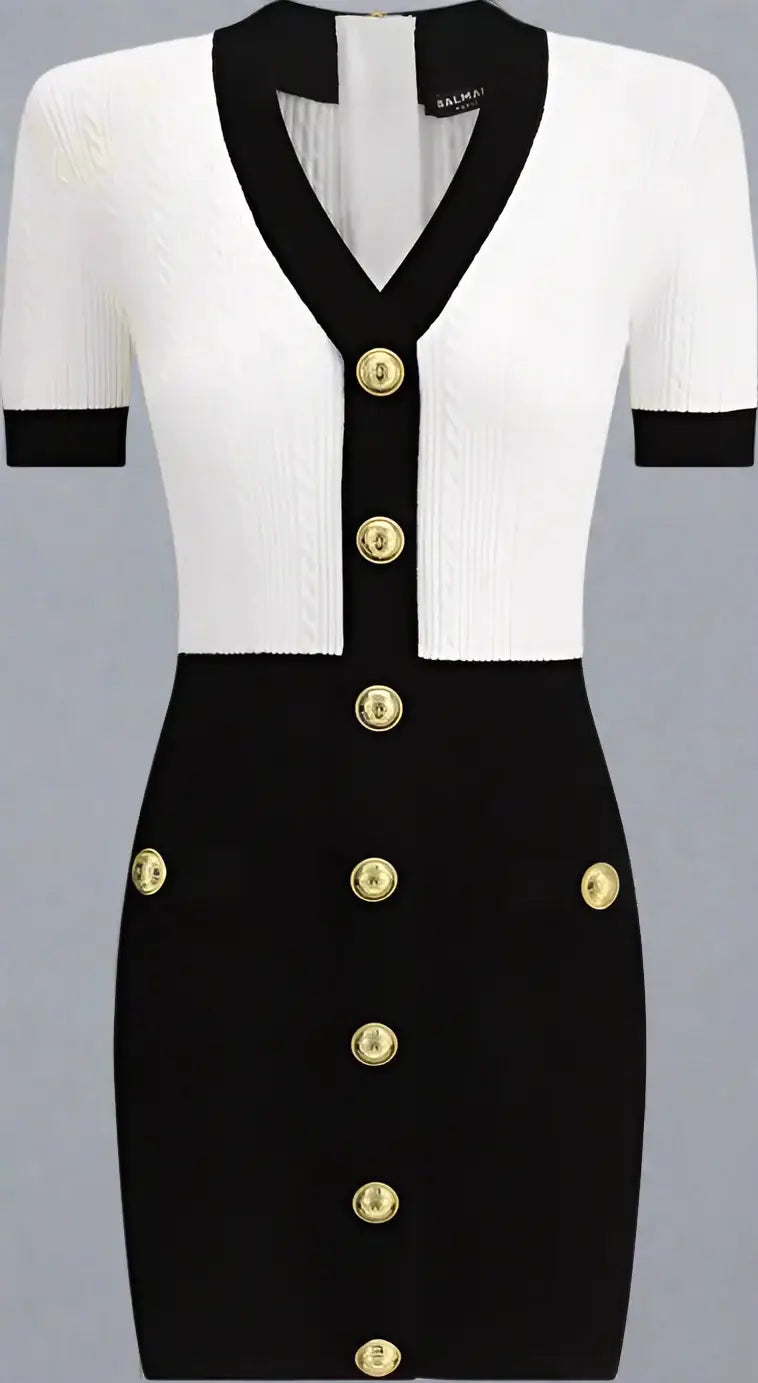 BALMAIN black/white Braided pattern midi Dress button up